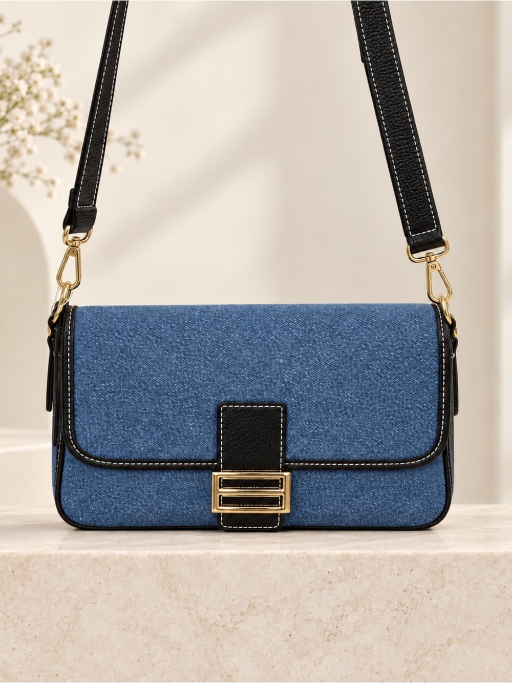 Divina Firenze Italian Denim Blue & Black Shoulder Bag with Gold Hardware- NWT